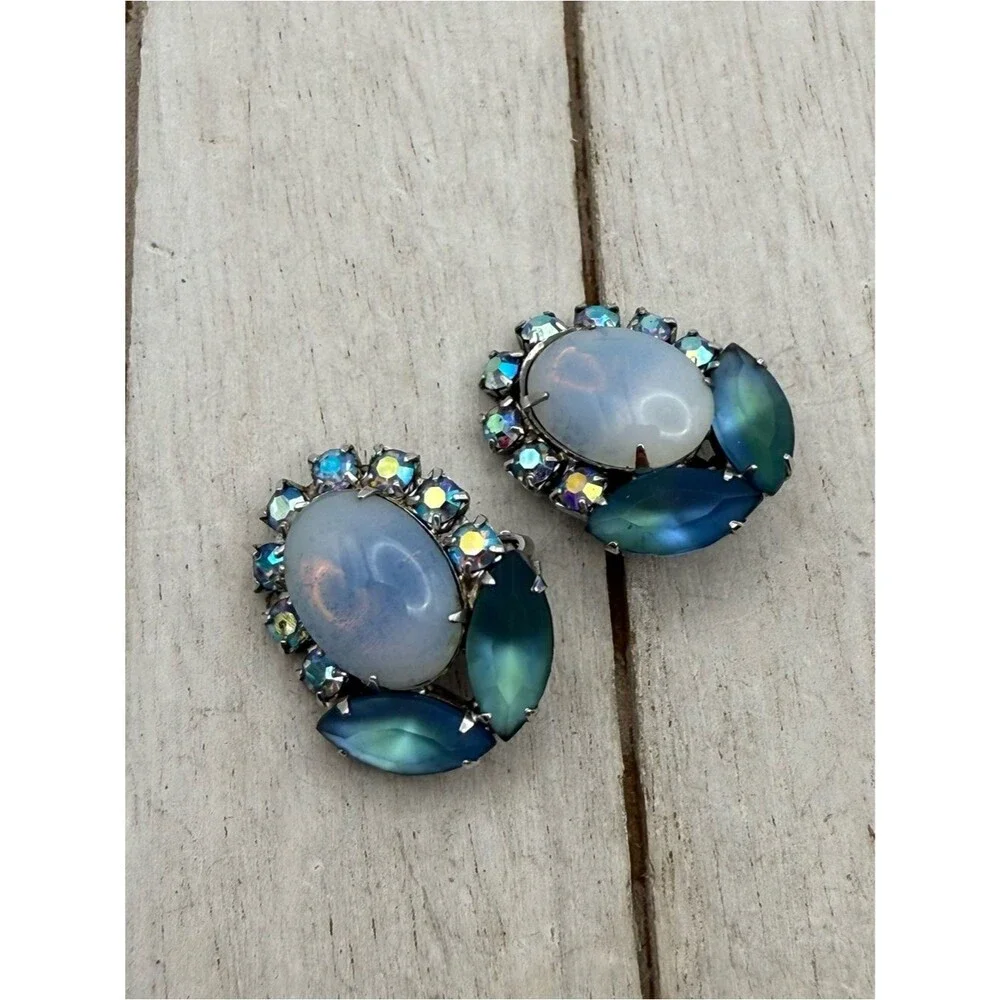 Vintage 1989s Opalescent Blue-Green Crystal Clip-On Earrings
